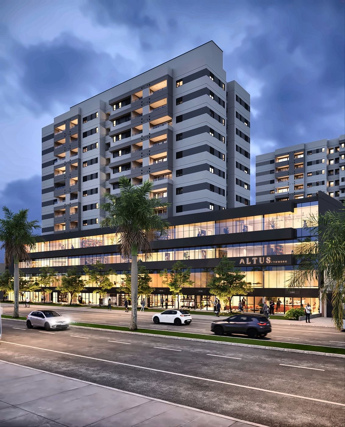 Perspectiva noturna do Altus Towers com torres residenciais e fachada comercial