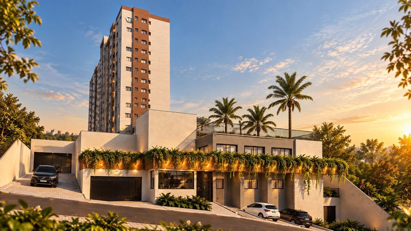 Fachada do Caya Residencial ao pôr do sol