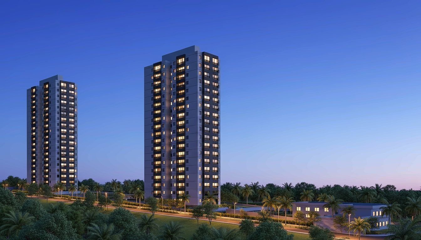 Perspectiva ao entardecer das duas torres residenciais em Itapetininga